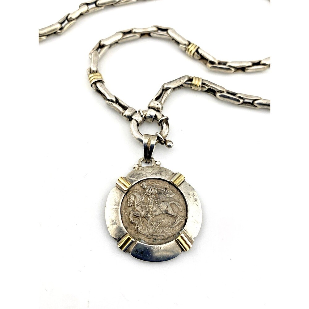 St George Coin Pendant Necklace Alpaca Silver Tone Chain 23 Inch Vintage